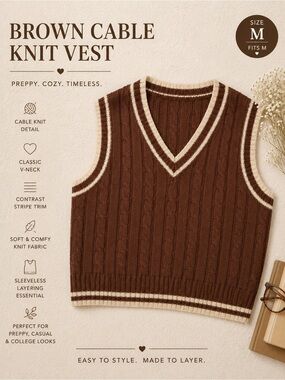 Brown Cable Knit V-Neck Sweater Vest - Classic Preppy Style | Size M